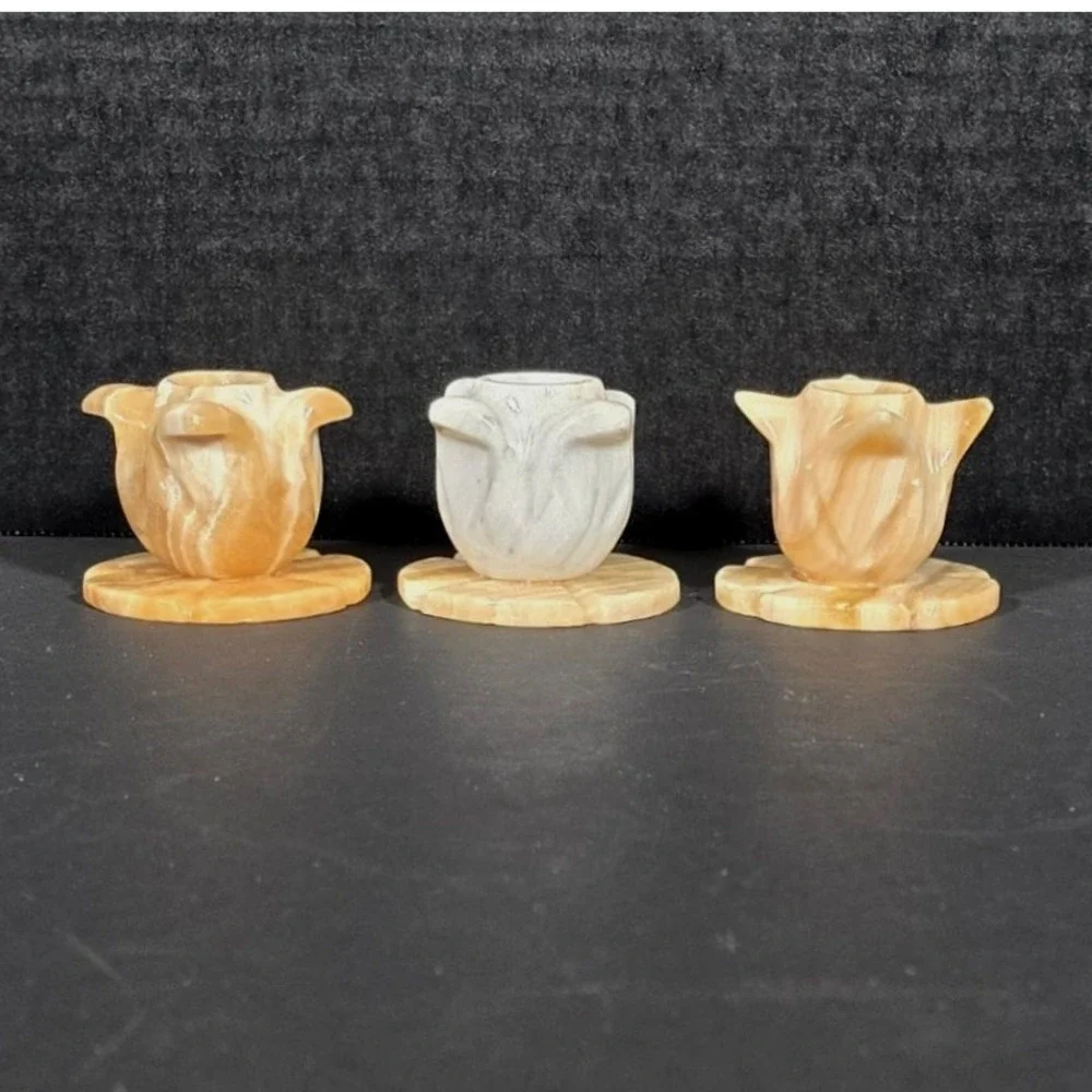 Set of 3 Vintage Carved Marble Onyx Stone‎ Candle Stick Holder Tulip Design